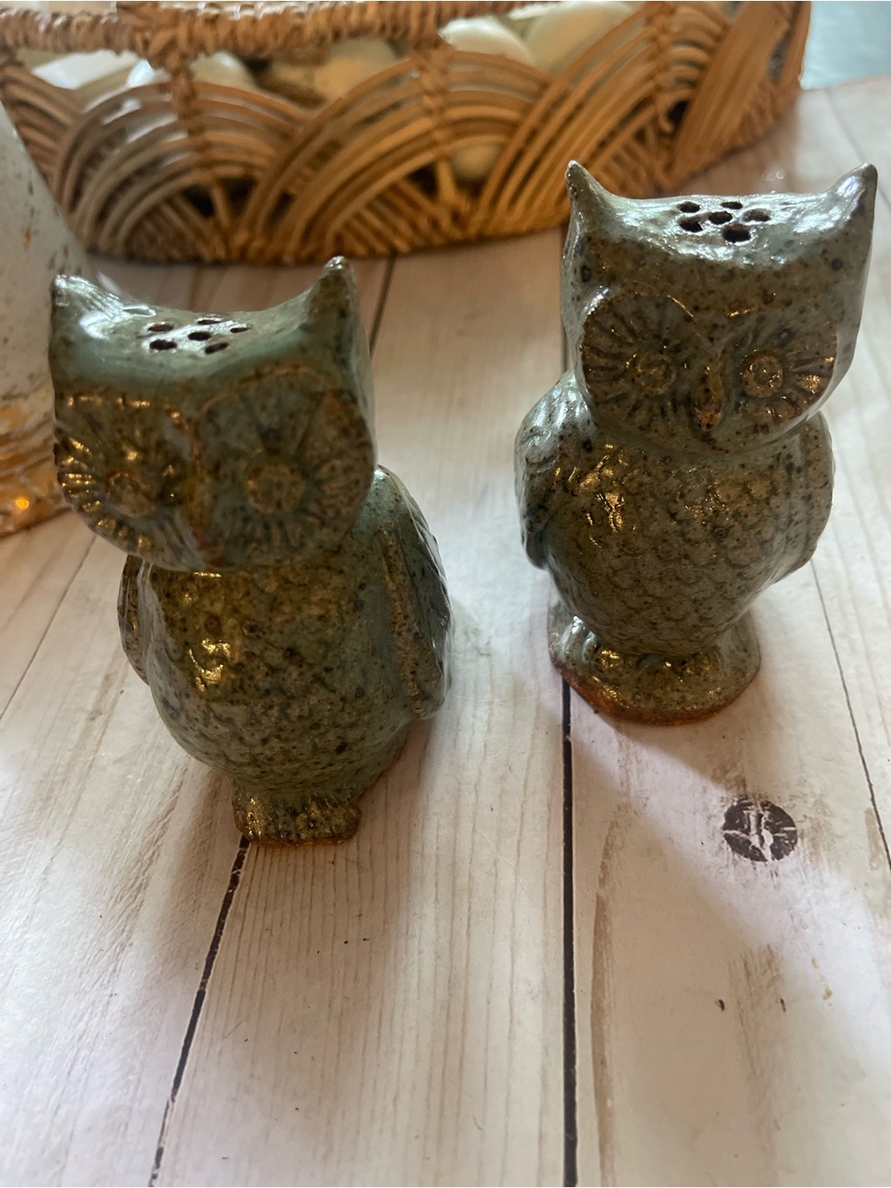 Ceramic Owl Salt & Pepper Shaker Set in Speckled Green